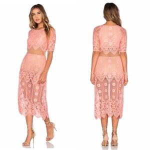 💕For Love & Lemons 🍋 pink mesh and lace illusion midi dress, Size M